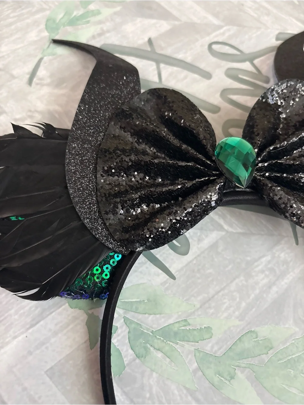 Maleficent Inspired Mouse Ears Headband Black Horns Green Sequins Feathers